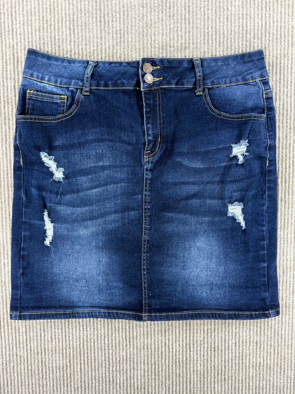 Sandpiper Distressed Denim Mini Skirt Size 18 Dark Wash Stretch Jean